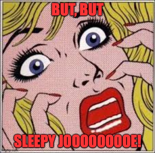 Frightened blonde woman | BUT, BUT SLEEPY JOOOOOOOOE! | image tagged in frightened blonde woman | made w/ Imgflip meme maker