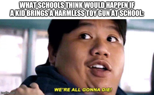 Screw schools | WHAT SCHOOLS THINK WOULD HAPPEN IF A KID BRINGS A HARMLESS TOY GUN AT SCHOOL: | image tagged in we are all gonna die | made w/ Imgflip meme maker