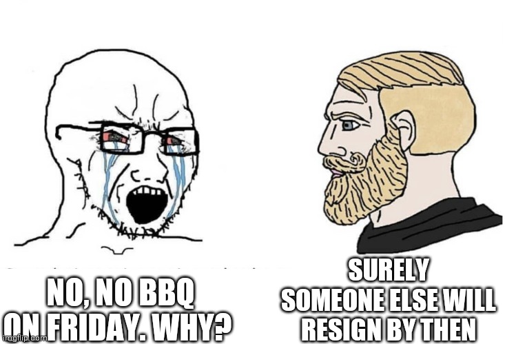 Soyboy Vs Yes Chad | SURELY SOMEONE ELSE WILL RESIGN BY THEN; NO, NO BBQ ON FRIDAY. WHY? | image tagged in soyboy vs yes chad | made w/ Imgflip meme maker