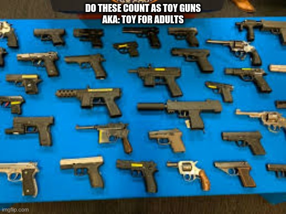 guns | DO THESE COUNT AS TOY GUNS
AKA: TOY FOR ADULTS | image tagged in guns | made w/ Imgflip meme maker