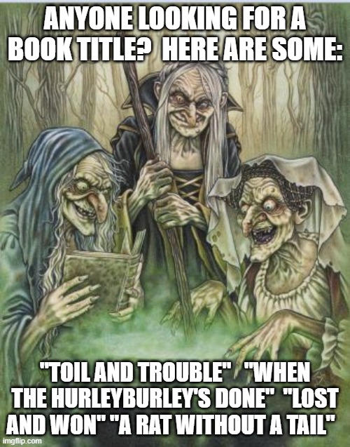 Macbeth Witches | ANYONE LOOKING FOR A BOOK TITLE?  HERE ARE SOME:; "TOIL AND TROUBLE"   "WHEN THE HURLEYBURLEY'S DONE"  "LOST AND WON" "A RAT WITHOUT A TAIL" | image tagged in macbeth witches | made w/ Imgflip meme maker