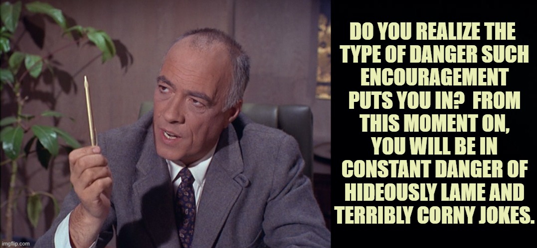 ◄► Reaction: Encouraging danger of corny jokes — Chief of CONTROL | DO YOU REALIZE THE 
TYPE OF DANGER SUCH
ENCOURAGEMENT
PUTS YOU IN?  FROM
THIS MOMENT ON,
YOU WILL BE IN
CONSTANT DANGER OF
HIDEOUSLY LAME AN | image tagged in get smart,comment,reaction | made w/ Imgflip meme maker