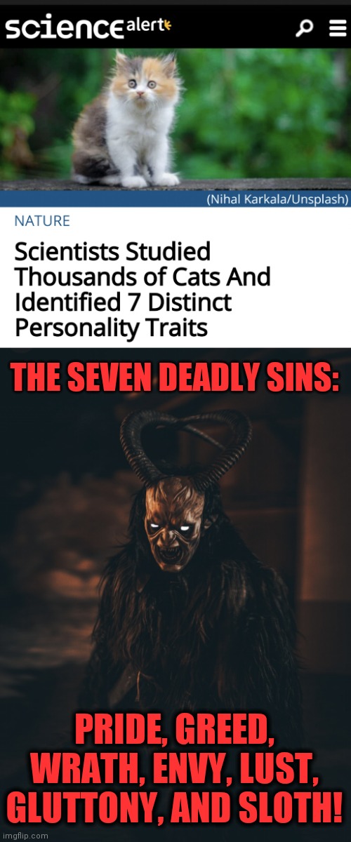 Yep, that's my cat! | THE SEVEN DEADLY SINS:; PRIDE, GREED, WRATH, ENVY, LUST, GLUTTONY, AND SLOTH! | image tagged in memes,cats,personality traits,seven deadly sins,satan | made w/ Imgflip meme maker