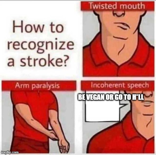 How to recognize a stroke | BE VEGAN OR GO TO H*LL | image tagged in how to recognize a stroke | made w/ Imgflip meme maker