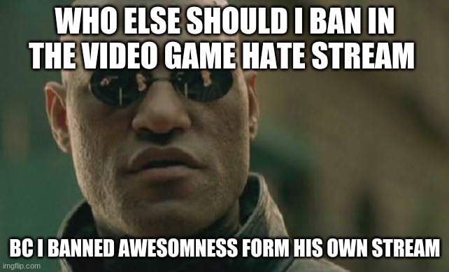 for real tho | WHO ELSE SHOULD I BAN IN THE VIDEO GAME HATE STREAM; BC I BANNED AWESOMNESS FORM HIS OWN STREAM | image tagged in memes,matrix morpheus | made w/ Imgflip meme maker