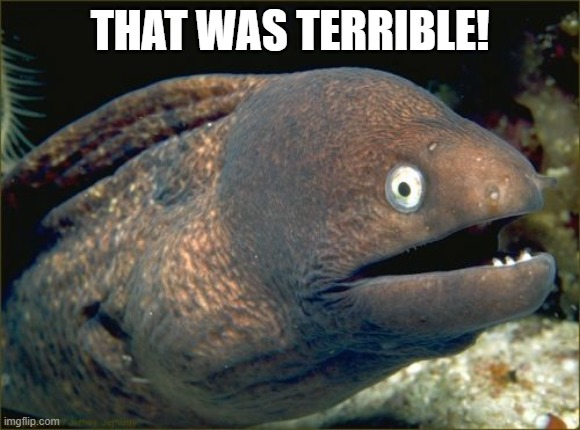 Bad Joke Eel Meme | THAT WAS TERRIBLE! | image tagged in memes,bad joke eel | made w/ Imgflip meme maker