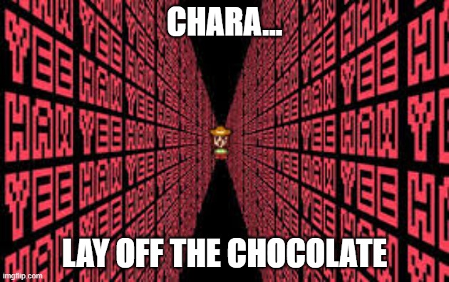 No more chocolate for you | CHARA... LAY OFF THE CHOCOLATE | image tagged in yee haw undertale chara | made w/ Imgflip meme maker