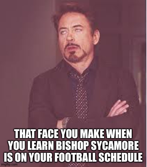 Wot the... | THAT FACE YOU MAKE WHEN YOU LEARN BISHOP SYCAMORE IS ON YOUR FOOTBALL SCHEDULE | image tagged in tony stark | made w/ Imgflip meme maker