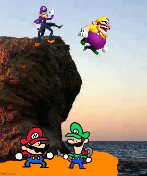 Mario lives after Luigi saves him but Wario dies after Waluigi kicks the both of them off a cliff.mp3 | image tagged in kicking off cliff | made w/ Imgflip meme maker