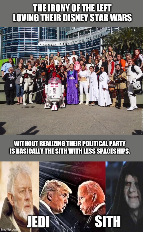 Ironic.  Also - I love Democracy. | THE IRONY OF THE LEFT LOVING THEIR DISNEY STAR WARS; WITHOUT REALIZING THEIR POLITICAL PARTY IS BASICALLY THE SITH WITH LESS SPACESHIPS. JEDI; SITH | image tagged in disney killed star wars,creepy joe biden,sith lord,jedi,stupid liberals | made w/ Imgflip meme maker