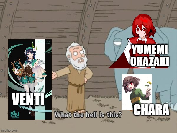 Is Venti Yumemi and Chara's lost child? | YUMEMI OKAZAKI; VENTI; CHARA | image tagged in what the hell is this,genshin impact,undertale chara,touhou,crossover,crossover memes | made w/ Imgflip meme maker