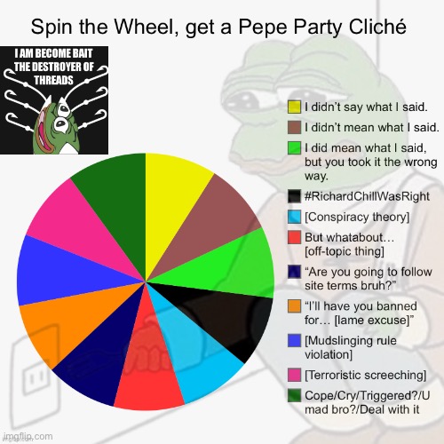 [N.E.R.D. Explorers Present: Our all-purpose field guide to Pepe Party content] | image tagged in pepe the frog,pepe,pepe party,spin the wheel,trollbait,i am become bait | made w/ Imgflip meme maker
