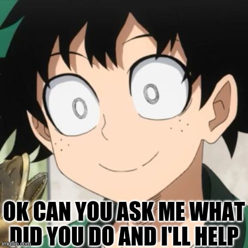 Triggered Deku | OK CAN YOU ASK ME WHAT DID YOU DO AND I'LL HELP | image tagged in triggered deku | made w/ Imgflip meme maker