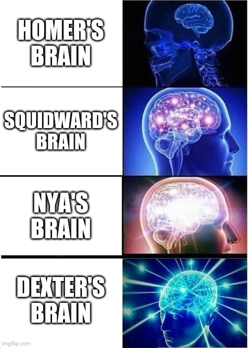 Expanding Brain Meme | HOMER'S BRAIN; SQUIDWARD'S BRAIN; NYA'S BRAIN; DEXTER'S BRAIN | image tagged in memes,expanding brain | made w/ Imgflip meme maker