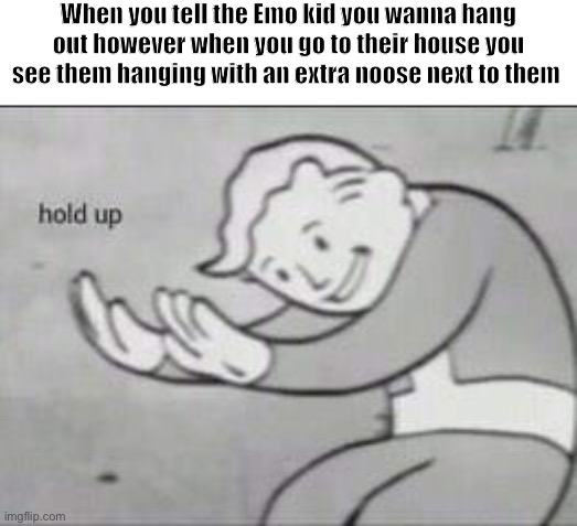 …. | When you tell the Emo kid you wanna hang out however when you go to their house you see them hanging with an extra noose next to them | image tagged in fallout hold up | made w/ Imgflip meme maker