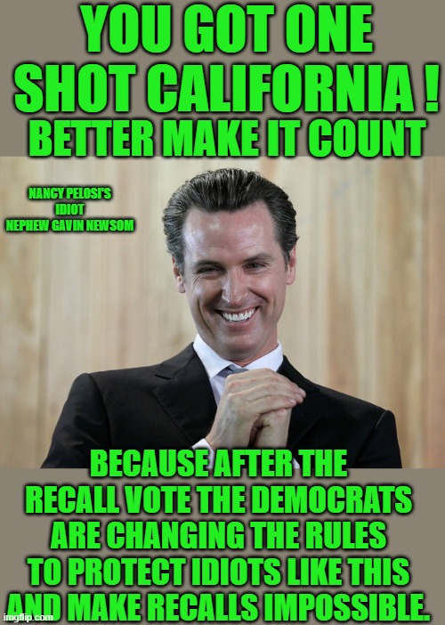 you got one shot to be free cali | YOU GOT ONE SHOT CALIFORNIA ! BETTER MAKE IT COUNT; NANCY PELOSI'S IDIOT NEPHEW GAVIN NEWSOM; BECAUSE AFTER THE RECALL VOTE THE DEMOCRATS ARE CHANGING THE RULES TO PROTECT IDIOTS LIKE THIS AND MAKE RECALLS IMPOSSIBLE. | image tagged in democrats,recall | made w/ Imgflip meme maker