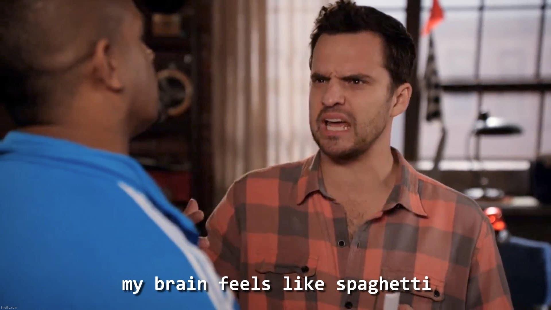 Nick Miller My brain feels like spaghetti | image tagged in nick miller my brain feels like spaghetti | made w/ Imgflip meme maker
