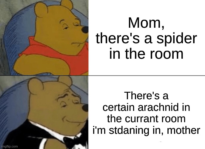 spiders | Mom, there's a spider in the room; There's a certain arachnid in the currant room i'm stdaning in, mother | image tagged in memes,tuxedo winnie the pooh,this is a tag,do you wanna talk about it,oh wow are you actually reading these tags | made w/ Imgflip meme maker