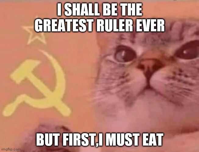 Communist cat |  I SHALL BE THE GREATEST RULER EVER; BUT FIRST,I MUST EAT | image tagged in communist cat | made w/ Imgflip meme maker