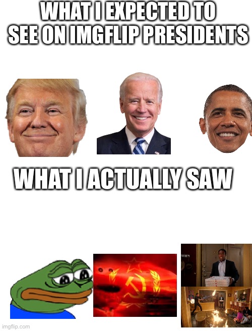 Blank White Template | WHAT I EXPECTED TO SEE ON IMGFLIP PRESIDENTS; WHAT I ACTUALLY SAW | image tagged in blank white template,imgflip,pepe the frog,yobama | made w/ Imgflip meme maker