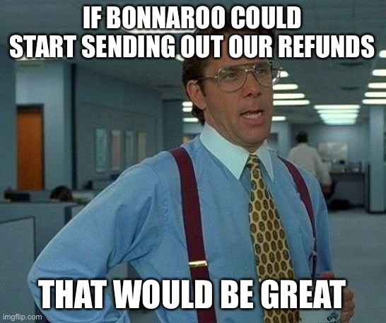 ? | IF BONNAROO COULD START SENDING OUT OUR REFUNDS; THAT WOULD BE GREAT | image tagged in memes,that would be great | made w/ Imgflip meme maker