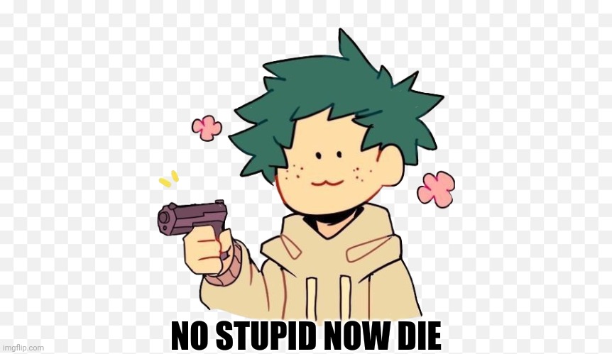 Deku with a gun | NO STUPID NOW DIE | image tagged in deku with a gun | made w/ Imgflip meme maker