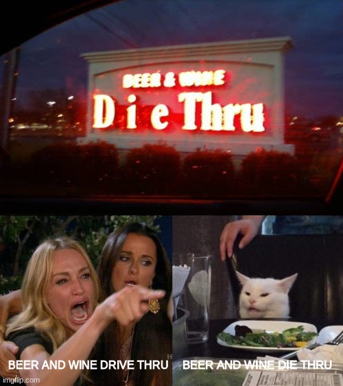 you might need to fix that sign | BEER AND WINE DRIVE THRU; BEER AND WINE DIE THRU | image tagged in memes,woman yelling at cat | made w/ Imgflip meme maker