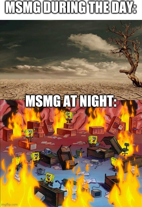 MSMG DURING THE DAY:; MSMG AT NIGHT: | image tagged in wasteland,spongebob fire | made w/ Imgflip meme maker