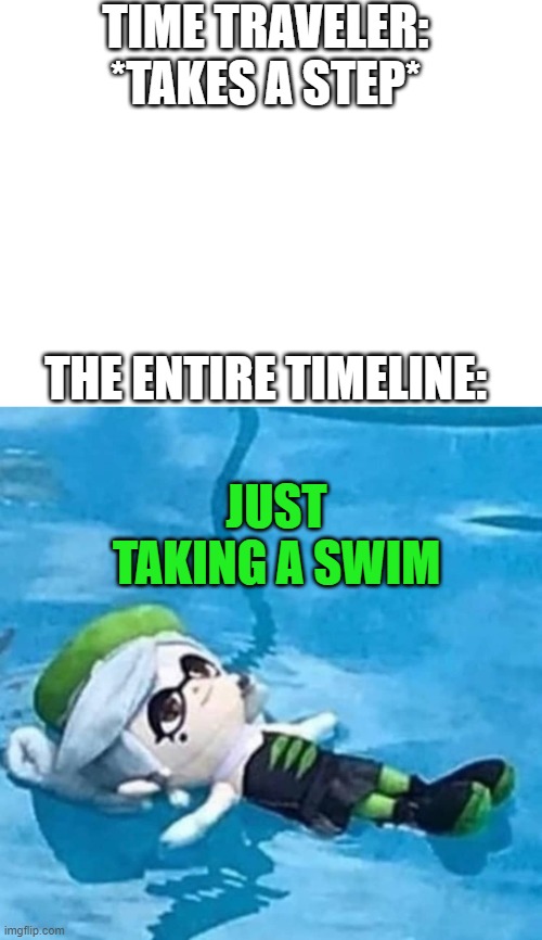spoon too |  TIME TRAVELER:

*TAKES A STEP*; THE ENTIRE TIMELINE:; JUST TAKING A SWIM | image tagged in blank white template,marie swimming | made w/ Imgflip meme maker