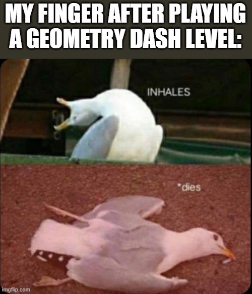 finger go brrrrrr | MY FINGER AFTER PLAYING A GEOMETRY DASH LEVEL: | image tagged in inhales dies bird,geometry dash | made w/ Imgflip meme maker