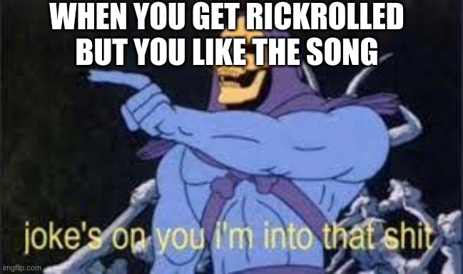 never gonna give you up | WHEN YOU GET RICKROLLED BUT YOU LIKE THE SONG | image tagged in jokes on you im into that shit | made w/ Imgflip meme maker