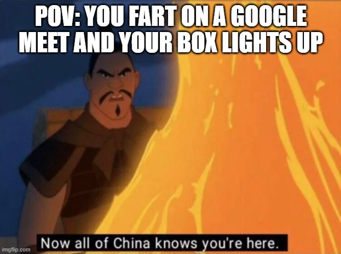 oopsie daisy | POV: YOU FART ON A GOOGLE MEET AND YOUR BOX LIGHTS UP | image tagged in now all of china knows you're here | made w/ Imgflip meme maker