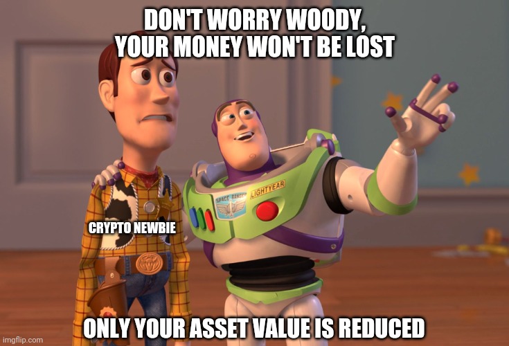 X, X Everywhere | DON'T WORRY WOODY, YOUR MONEY WON'T BE LOST; CRYPTO NEWBIE; ONLY YOUR ASSET VALUE IS REDUCED | image tagged in memes,x x everywhere,crypto,fun,cryptocurrency | made w/ Imgflip meme maker