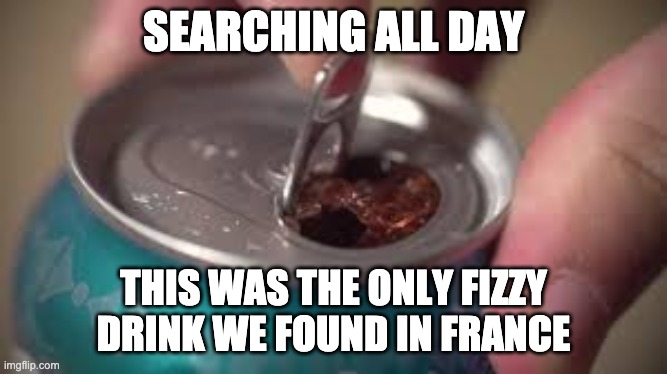 open soda can | SEARCHING ALL DAY; THIS WAS THE ONLY FIZZY DRINK WE FOUND IN FRANCE | image tagged in open soda can | made w/ Imgflip meme maker