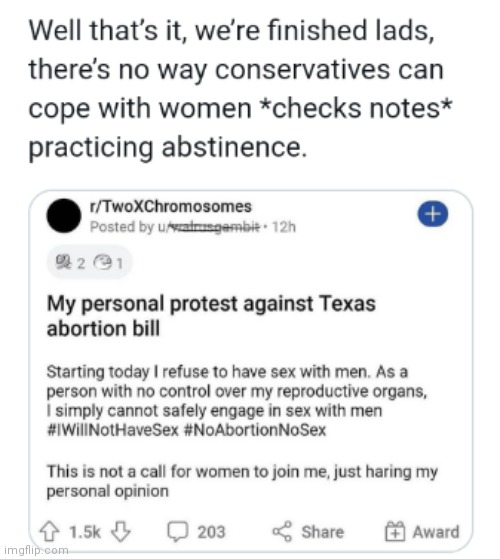 ConservaChads strike again | image tagged in liberal logic,abortion,abstinence,we're sooooo done for,what are we going to do | made w/ Imgflip meme maker