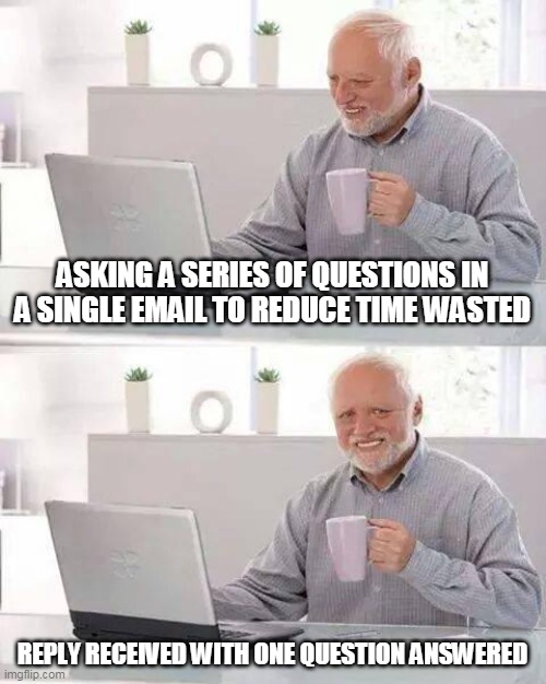 The pain is real | ASKING A SERIES OF QUESTIONS IN A SINGLE EMAIL TO REDUCE TIME WASTED; REPLY RECEIVED WITH ONE QUESTION ANSWERED | image tagged in memes,hide the pain harold | made w/ Imgflip meme maker