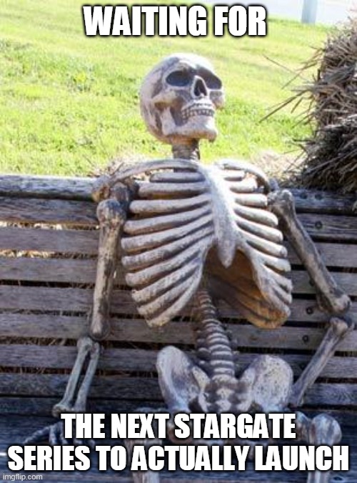 one day |  WAITING FOR; THE NEXT STARGATE SERIES TO ACTUALLY LAUNCH | image tagged in memes,waiting skeleton | made w/ Imgflip meme maker