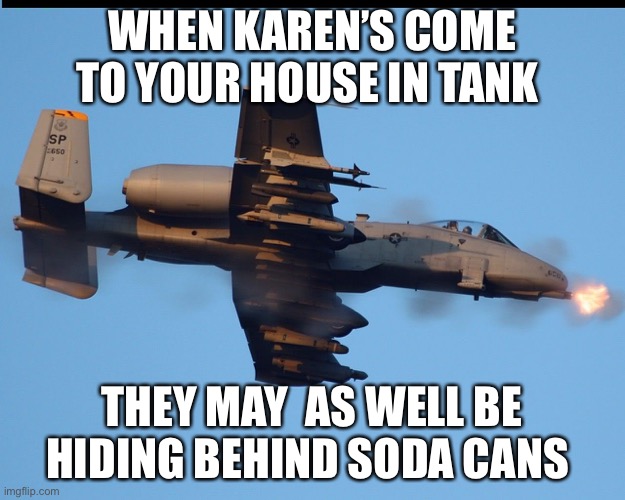 No more Karen’s |  WHEN KAREN’S COME TO YOUR HOUSE IN TANK; THEY MAY  AS WELL BE HIDING BEHIND SODA CANS | image tagged in a-10 warthog firing | made w/ Imgflip meme maker