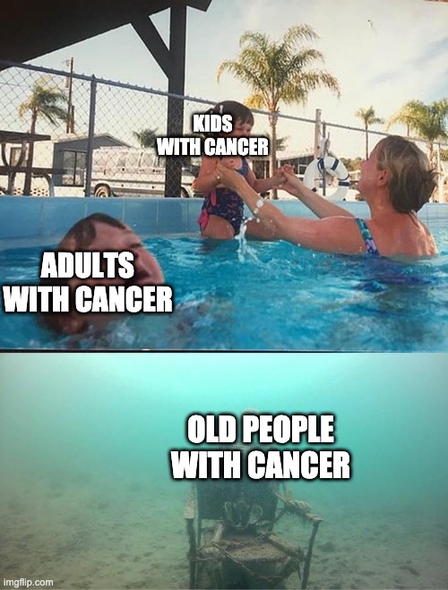 sinking skeleton | KIDS WITH CANCER; ADULTS WITH CANCER; OLD PEOPLE WITH CANCER | image tagged in sinking skeleton | made w/ Imgflip meme maker