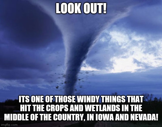 Remember, no one calls these a tornado anymore per a certain infamous press conference. | LOOK OUT! ITS ONE OF THOSE WINDY THINGS THAT HIT THE CROPS AND WETLANDS IN THE MIDDLE OF THE COUNTRY, IN IOWA AND NEVADA! | image tagged in tornado,very poor choice of words,excuse me what the heck,america | made w/ Imgflip meme maker