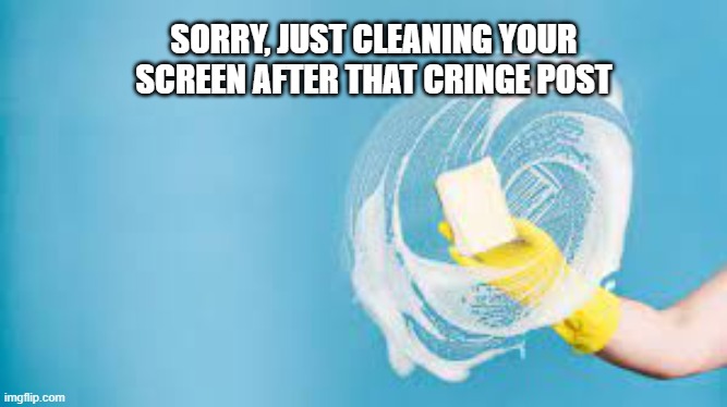 Cleaning | SORRY, JUST CLEANING YOUR SCREEN AFTER THAT CRINGE POST | image tagged in cringe | made w/ Imgflip meme maker