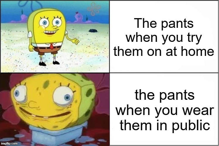 Image title | The pants when you try them on at home; the pants when you wear them in public | image tagged in weak vs inflated spongebob | made w/ Imgflip meme maker
