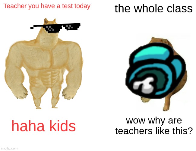teachers now days | Teacher you have a test today; the whole class; haha kids; wow why are teachers like this? | image tagged in memes,buff doge vs cheems | made w/ Imgflip meme maker