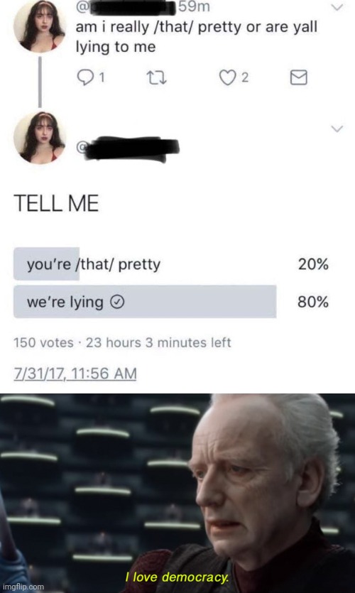 I love democracy. | image tagged in memes | made w/ Imgflip meme maker