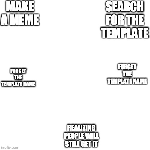 Blank Transparent Square | MAKE A MEME; SEARCH FOR THE TEMPLATE; FORGET THE TEMPLATE NAME; FORGET THE TEMPLATE NAME; REALIZING PEOPLE WILL STILL GET IT | image tagged in memes,blank transparent square | made w/ Imgflip meme maker