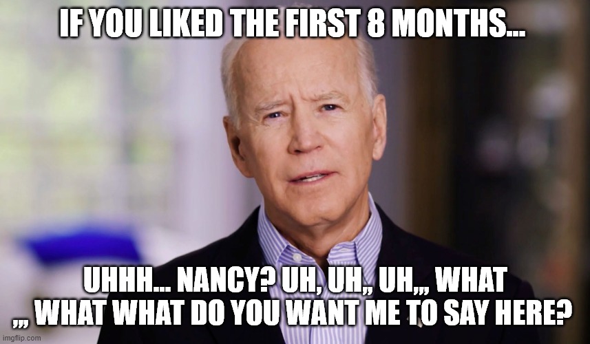 nancy's puppet on a string | IF YOU LIKED THE FIRST 8 MONTHS... UHHH... NANCY? UH, UH,, UH,,, WHAT ,,, WHAT WHAT DO YOU WANT ME TO SAY HERE? | image tagged in joe biden 2020 | made w/ Imgflip meme maker