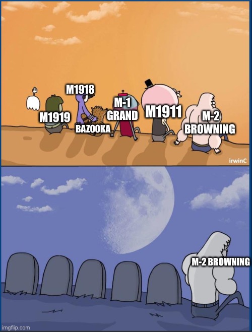Only gun historians will get this | M1918; M1911; M-1 GRAND; M1919; M-2 BROWNING; BAZOOKA; M-2 BROWNING | image tagged in all alone | made w/ Imgflip meme maker