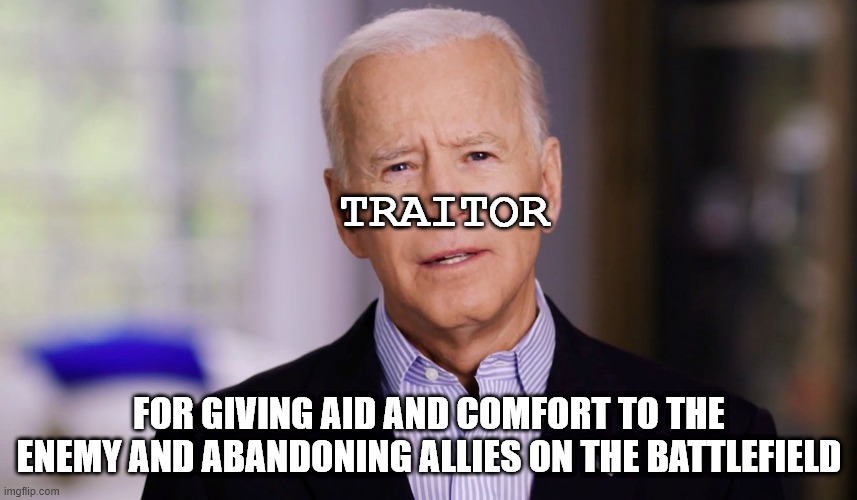 BIDEN IS A TRAITOR | TRAITOR; FOR GIVING AID AND COMFORT TO THE ENEMY AND ABANDONING ALLIES ON THE BATTLEFIELD | image tagged in joe biden 2020,traitor | made w/ Imgflip meme maker