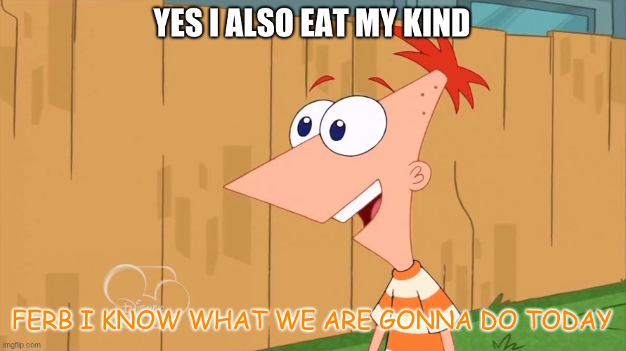 Yes Phineas | YES I ALSO EAT MY KIND FERB I KNOW WHAT WE ARE GONNA DO TODAY | image tagged in yes phineas | made w/ Imgflip meme maker