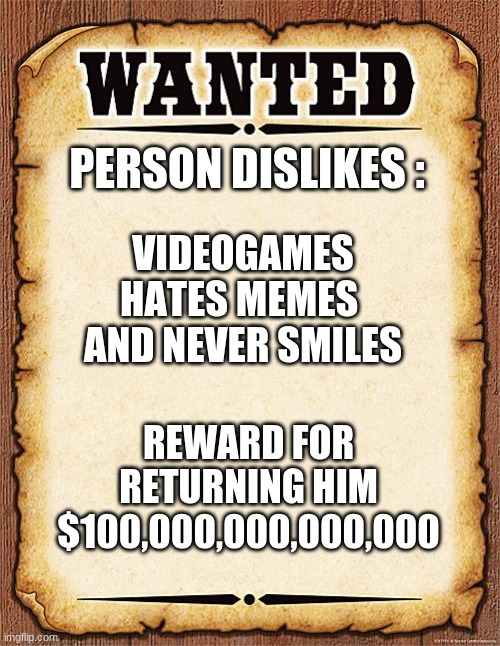 wanted poster | PERSON DISLIKES :; VIDEOGAMES
HATES MEMES 
AND NEVER SMILES; REWARD FOR RETURNING HIM $100,000,000,000,000 | image tagged in wanted poster | made w/ Imgflip meme maker